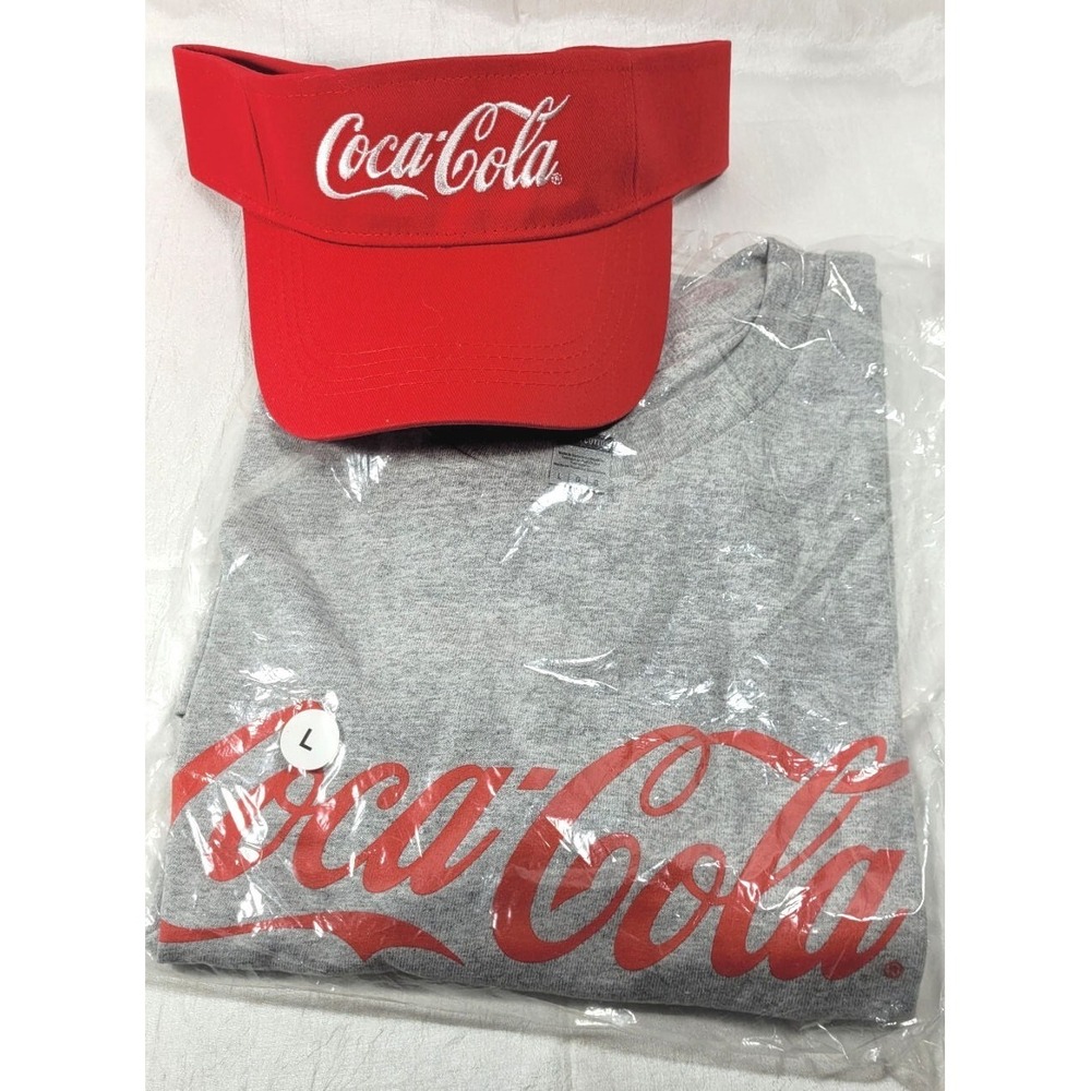 Coca-Cola‎ Logo Short Sleeve Gray T-Shirt (Large) w/ Red Embroidered Visor
